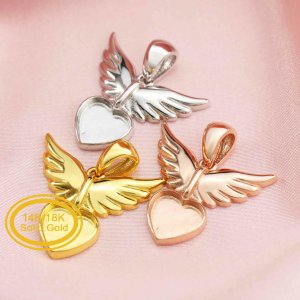 Keepsake Breast Milk Bezel 8MM Heart Pendant Settings Angel Wings Solid 14K/18K Gold DIY Memory Jewelry Supplies 1431131-1