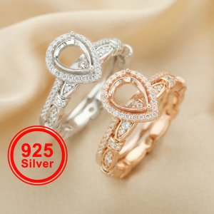 6x8MM Halo Pear Prong Rings Settings,Stackable Solid 925 Sterling SilverRing,Rose Gold Plated Art Deco Bezel Stacker Ring,DIY Set 1294430