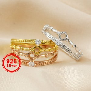 1Pcs 3MM Round Simple Silver Gold Gemstone Cz Stone Luxury Double Band Prong Bezel Solid 925 Sterling Silver Adjustable Ring Settings 1210044