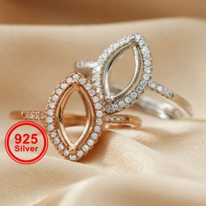 5x10MM Halo Marquise Prong Ring Settings Solid 925 Silver Rose Gold Plated DIY Adjustable Ring Bezel for Gemstone Supplies 1294235