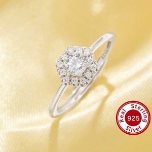 Dainty Hexagon Ring With 4MM Round White Cubic Zirconia,Solid 925 Sterling Silver Ring,Elegant Pave CZ Stone Adjustable Ring 6210338