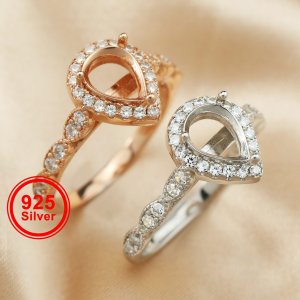 6x8MM Keepsake Breast Milk Memory Halo Pear Prong Ring Settings Art Deco Cathedral Rose Gold Plated Solid 925 Sterling Silver DIY Stackable Ring Bezel 1294363