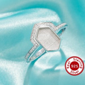 6x10MM Keepsake Breast Milk Resin Hexagon Bezel Ring Settings,Solid 925 Sterling Silver Ring,CZ Stone Art Deco Ring,Solid Back Ring,DIY Ring Supplies 1295056-1
