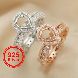 6x8MM Halo Pear Prong Ring Settings,Stackable Solid 925 Sterling Silver Ring,Rose Gold Plated Round Eternity Stacker Ring Band 1294436