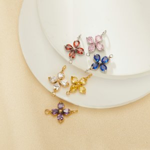 Two Loops Lucky Four Leaf Clover CZ Birthstone Stainless Steel Charm,Color Stone Leaf Clover Pendant Charm,Minimalist Gold Plated Pendant Charm 1431461