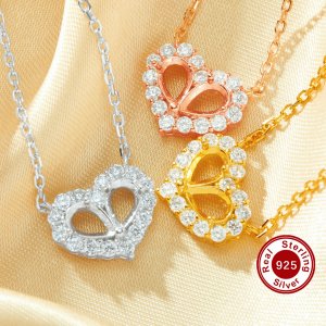 4x6MM Double Stones Pear Prong Pendant Settings,Heart Solid 925 Sterling Silver Necklace,DIY Jewelry With Necklace Chain 16\'\'+2\'\' 1431243