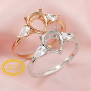 Pear Prong Ring Settings Three Stones Solid 14K/18K Gold Ring with Moissanite Accents DIY Gemstone Ring Bezel 1294313-1