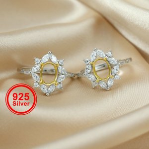 1Pcs 6x8MM Oval Prong Bezel Gold Plated Solid 925 Sterling Silver Marquise Accents DIY Adjustable Ring Settings for Moissanite Gemstone 1222019