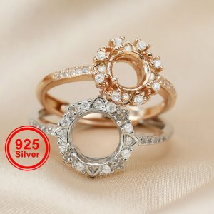 1Pcs 6-8MM Flower Round Prong Bezel Rose Gold Plated Solid 925 Sterling Silver Adjustable Ring Settings for Moissanite Gemstone DIY Supplies 1210051