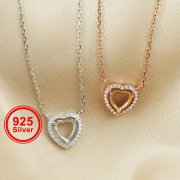 7MM Heart Bezel Halo Pave Pendant Settings Solid 925 Sterling Sliver DIY Gemstone Supplies Charm Tray with Necklace Chain 15''+1'' 1431139