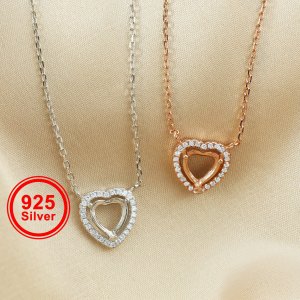 7MM Heart Bezel Halo Pave Pendant Settings Solid 925 Sterling Sliver DIY Gemstone Supplies Charm Tray with Necklace Chain 15\'\'+1\'\' 1431139