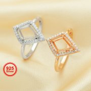 7x10MM Halo Kite Cut Prong Ring Settings,Art Deco Solid 925 Sterling Silver Rose Gold Plated Ring,Halo Pave CZ Stone Ring,DIY Ring Supplies 1294684