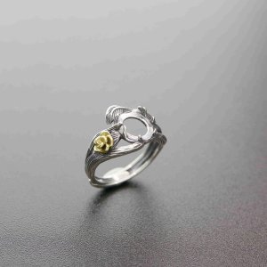 1Pcs 8MM Vintage Style Brass Flower Branch Round Cabochon Bezel Antiqued Solid 925 Sterling Silver Adjustable Ring Settings 1213050
