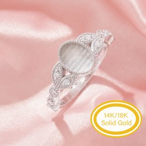 6x8MM Keepsake Breast Milk Resin Oval Bezel Ring Settings,Tree Branch Leaf Solid 9K 14K 18K Gold Ring,Pave CZ Stone Ring,DIY Ring Supplies 1222124