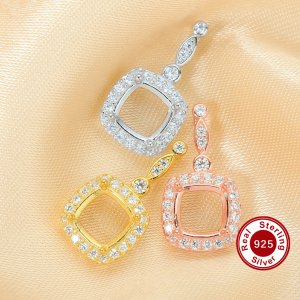 6MM Cushion Square Prong Pendant Settings,Solid 925 Sterling Silver Rose Gold Plated Pendant Charm,Pave CZ Stone Pendant,DIY Pendant Supplies 1431236