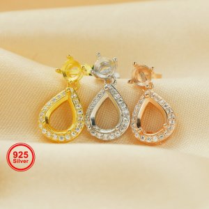 6x8MM Halo Pear Prong Hoop Earrings Settings with 4MM Round Settings on Top,Solid 925 Sterling Silver Rose Gold Plated Earrings,DIY Earring Supplies 1706132