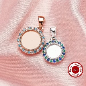 Keepsake Breast Milk Resin Round Pendant Bezel Settings,Solid Back 925 Sterling Silver Rose Gold Plated Pendant,Pave CZ Stone Charm,DIY Pendant Supplies 1431251