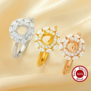 6MM Round Prong Ring Settings,Flower Solid 925 Sterling Silver Rose Gold Plated Ring,Double Halo Flower CZ Stone Ring,DIY Ring Supplies 1294695