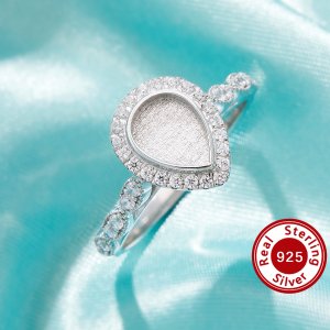 Keepsake Breast Milk Resin Pear Bezel Ring Settings,Solid Back Solid 925 Sterling Silver Ring,Pave CZ Stone Pear Ring,DIY Ring Supplies 1294956
