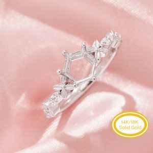 Hexagon Prong Ring Settings,Flower Art Deco Solid 14K 18K Gold Moissanite Ring,Dainty Hexagon Ring,DIY Ring Supplies 1294977