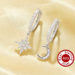 Moon And Star Hoop Earrings With White Cubic Zirconia,Solid 925 Sterling Silver Earrings,Dainty Pave CZ Stone Earrings 6390123