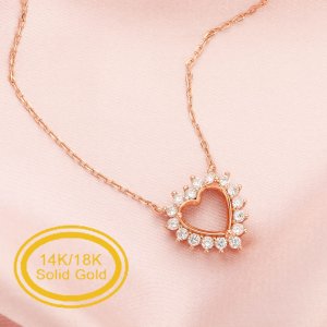 Halo Heart Bezel Pave Pendant Settings,Solid 14K/18K Gold Moissanite Necklace,DIY Jewelry With Necklace Chain 15\'\'+1.7\'\' 1431162