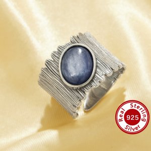 8x10MM Nature Blue Kyanite Cabochon Ring,Vintage Styles Wide Band Ring ,Antiqued Silver Oval Gemstone Adjustable Ring 6220349