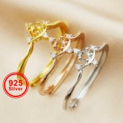 3MM Round Prong Ring Settings Stars Solid 925 Sterling Silver Rose Gold Plated Adjustable DIY Ring Bezel Supplies 1215022