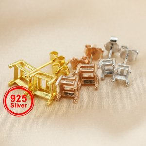 1Pair 4-6MM Square Solid 925 Sterling Silver Rose Gold Tone DIY Prong Studs Earrings Settings Bezel 1706023