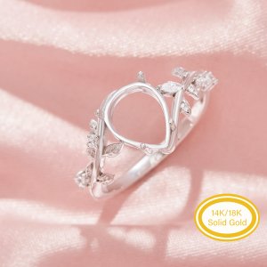 Pear Prong Ring Settings,Bypass Shank Solid 14K 18K Gold Ring,Tree Branch Leaf Art Deco DIY Ring Supplies 1295042