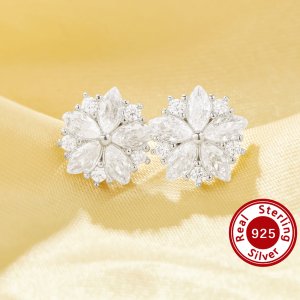 Flower Simulated Diamond Studs Earrings With White Cubic Zirconia,Solid 925 Sterling Silver Earrings,Vintage Art Deco Earrings 6390122