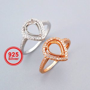 6x8MM Pear Prong Ring Settings Halo Rose Gold Plated Solid 925 Sterling Silver Set Size Ring Bezel for Gemstone 1294240