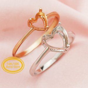 4-9MM Simple Heart Prong Ring Setttings Memory Jewelry Solid 14K 18K Gold DIY Ring Blank Wedding Band for Gemstone 1294169-1