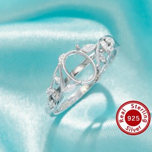 Oval Prong Ring Settings,Bypass Shank Solid 925 Sterling Silver Ring,Tree Branch Leaf Art Deco Solid Back Ring,DIY Ring Supplies 1222147-1