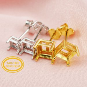 4-8MM Princess Cut Square Prongs Studs Earrings Settings Solid 14K/18K Gold for Gemstone DIY Supplies 1706023-1