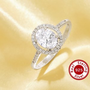 Halo Oval Simulated Diamond Ring With 6x8MM White Cubic Zirconia,Solid 925 Sterling Silver Ring,Pave CZ Stone Ring 6220344
