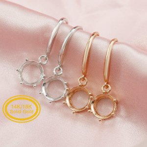 14K Solid Gold Round Prongs Hook Earrings Settings for Faceted Gemstone DIY Supplies Findings 1702166-1