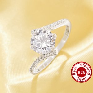 Luxury Round Simulated Diamond Ring With 8MM Round White Cubic Zirconia,Solid 925 Sterling Silver Ring,Bypass Shank Ring 6210337