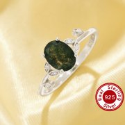 Moss Agate Tree Branch Oval Ring With 6x8MM Oval Green Moss Agate,Solid 925 Sterling Silver Ring,June Birthstone Nature Gemstone Ring 6220334