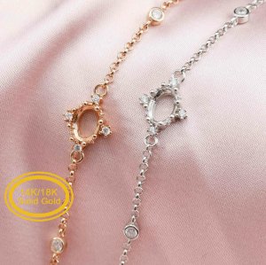 5x7MM Oval Prong Bezel Settings Bracelet Solid 14K/18K Gold Chain DIY Jewelry Supplies 6\'\'+1.6\'\' 1900242-1
