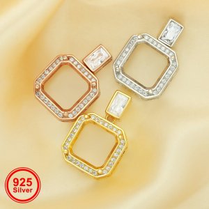 10MM Square Prong Pendant Settings,Simple Solid 925 Sterling Silver Rose Gold Plated Charm,Luxury Pendant Blank Settings,DIY Pendant Charm Tray 1431168