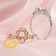 Oval Prong Ring Settings Solid 14K Rose White Gold with Moissanite Accents DIY Vintage Style Filigree Lace Bezel Tray for Diamond Gemstones 1224059