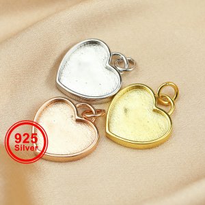 12MM Heart Bezel Settings for Breast Milk Resin Solid Back Gold Plated 925 Sterling Silver Pendant DIY Supplies 1431088