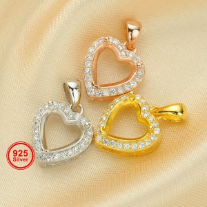 8MM Halo Heart Prong Pendant Settings,Solid 925 Sterling Silver Rose Gold Plated Charm,Pave CZ Stone Heart Charm,DIY Pendant Bezel For Gemstone 1431203