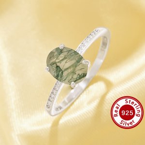 Minimalist Moss Agate Oval Ring With 7x9MM Oval Green Moss Agate,Solid 925 Sterling Silver Ring,June Birthstone Nature Gemstone Ring 6220335