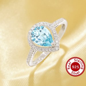 Halo Pear Ring With 6x8MM Pear Sky Blue CZ Stone,Solid 925 Sterling Silver Ring,Pave CZ Stone Pear Ring 6230059