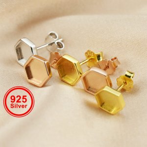 Keepsake Breast Milk Resin 6.5MM Hexagon Earrings Blank Settings Rose Gold Plated Solid 925 Sterling Silver Studs Earrings Supplies 1706081