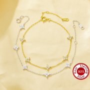 Lucky Four Leaf Clover Charm Bracelet With White Cubic Zirconia,Solid 925 Sterling Silver Bracelet,Minimalist Bracelet 6410052