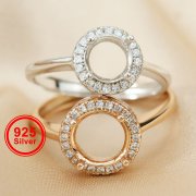 1Pcs 6.5-9MM Halo Round Prong Bezel Rose Gold Plated Solid 925 Sterling Silver Adjustable Ring Settings for Moissanite Gemstone DIY Supplies 1210054