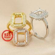 7x9MM Rectangle Prong Ring Blank Settings Double Halo Bezel Art Deco Solid 925 Sterling Silver Rose Gold Plated Adjustable Ring Band for Gemstone 1294310